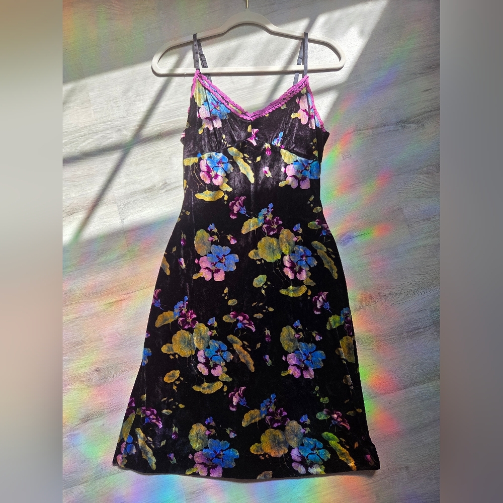 Y2k Betsey Johnson Black and Purple Midi Dress with Floral Print